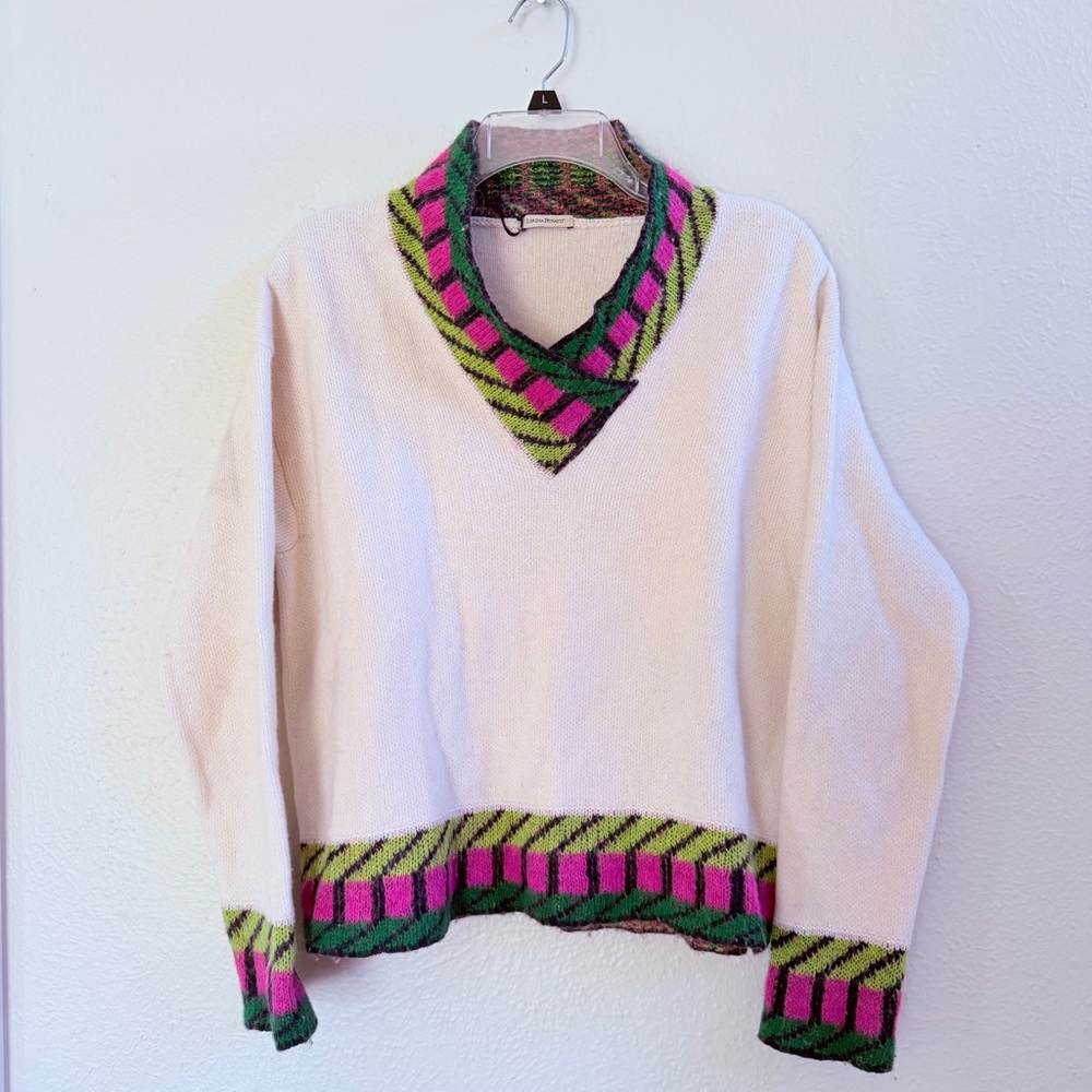Stylish V-Neck Sweater - Cream with Green and Pink Accents